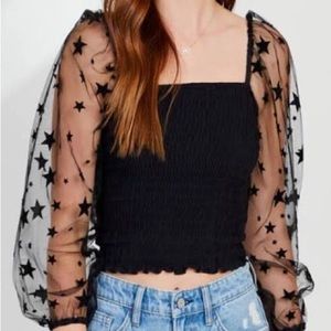 Altar’d State size small black top with star sheer sleeves